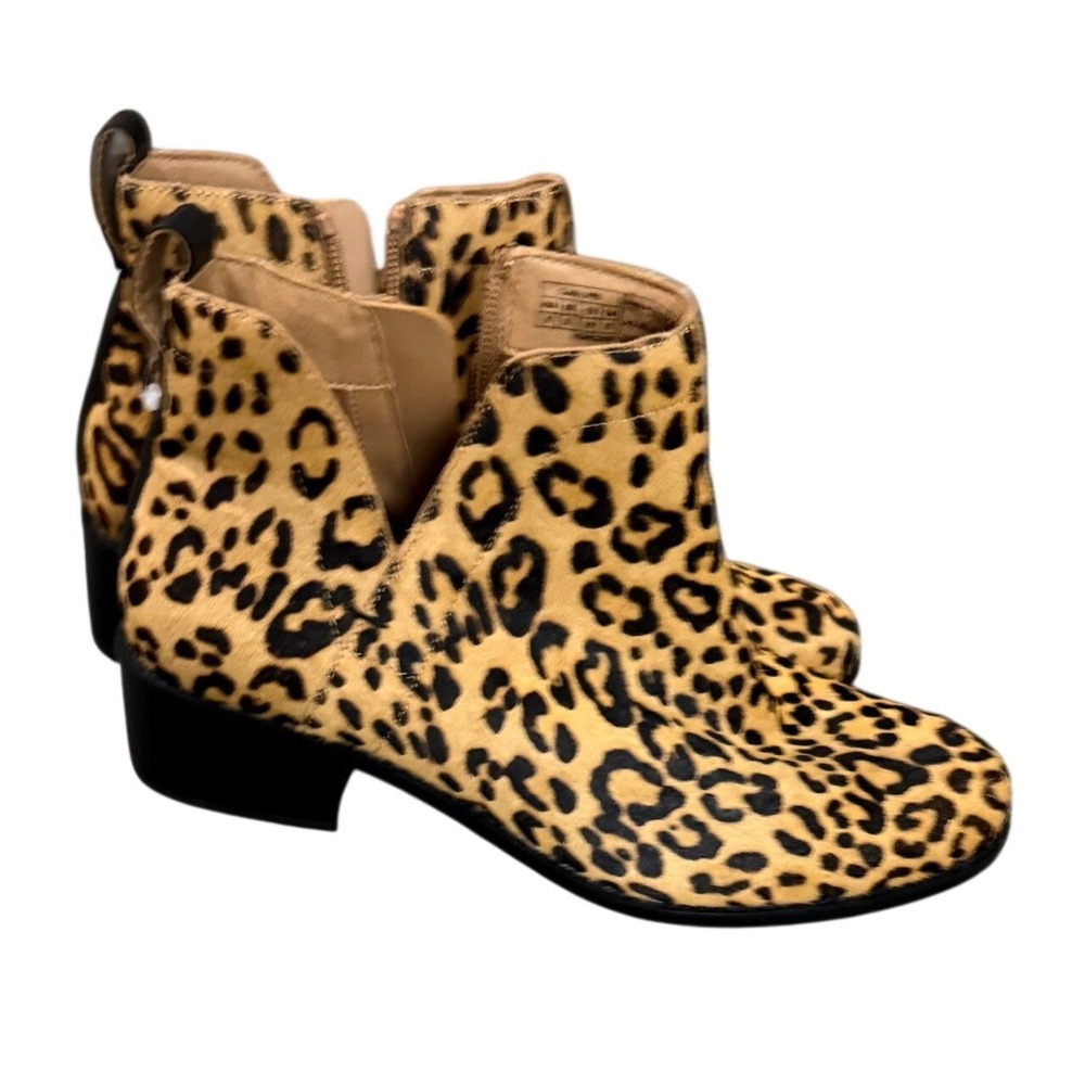 Vionic Clara Leopard Print Calf Hair Ankle Boots Side Zip Block Heel Brown 8
